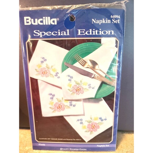 Vintage Fiesta  Stamped Napkin Set Of 4 by Bucilla #64094 Floral Cross Stitch - Picture 1 of 5